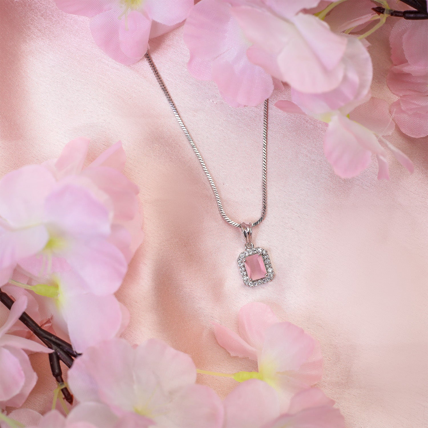 Square AD Stone Pendant Necklace, Earrings & Ring Jewellery Set for Women