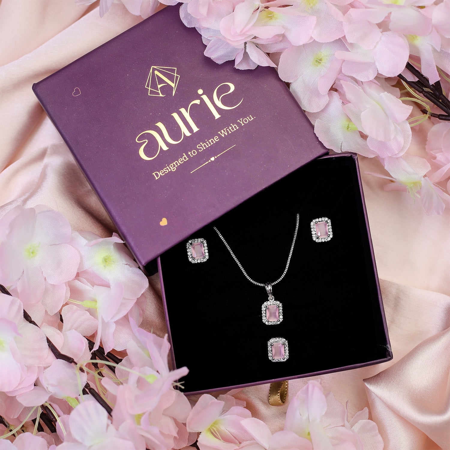 Square AD Stone Pendant Necklace, Earrings & Ring Jewellery Set for Women
