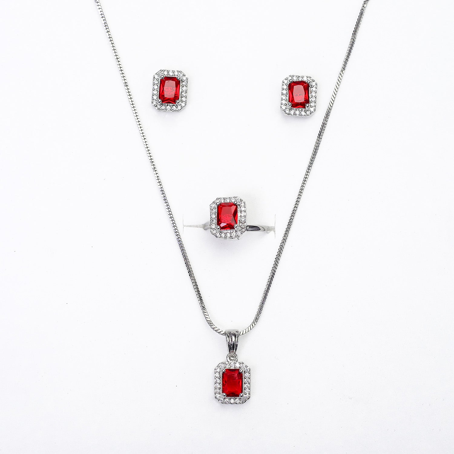 Square AD Stone Pendant Necklace, Earrings & Ring Jewellery Set for Women