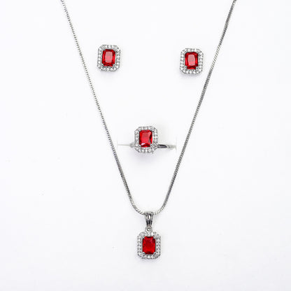 Square AD Stone Pendant Necklace, Earrings & Ring Jewellery Set for Women