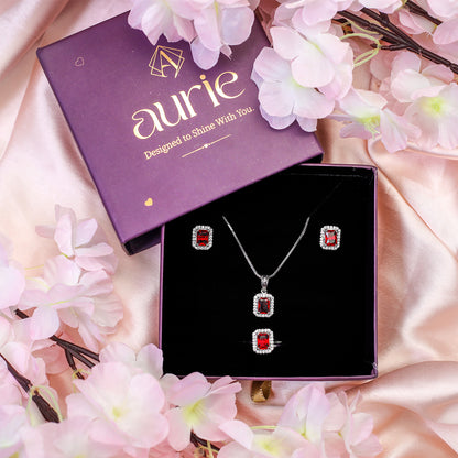 Square AD Stone Pendant Necklace, Earrings & Ring Jewellery Set for Women