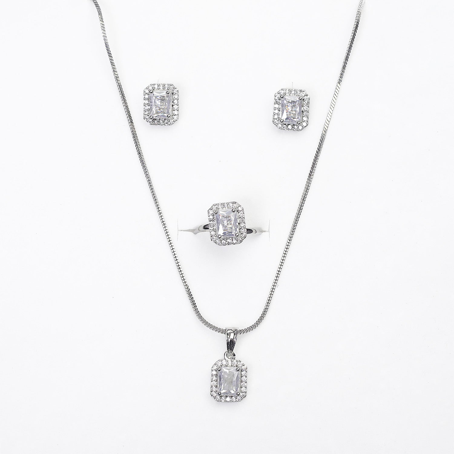 Square AD Stone Pendant Necklace, Earrings & Ring Jewellery Set for Women