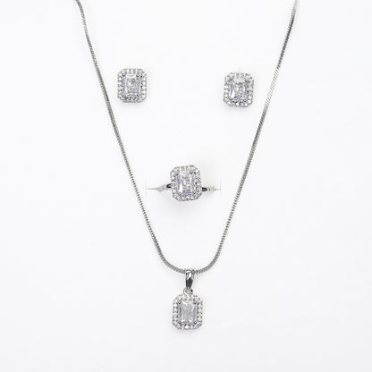 Square AD Stone Pendant Necklace, Earrings & Ring Jewellery Set for Women