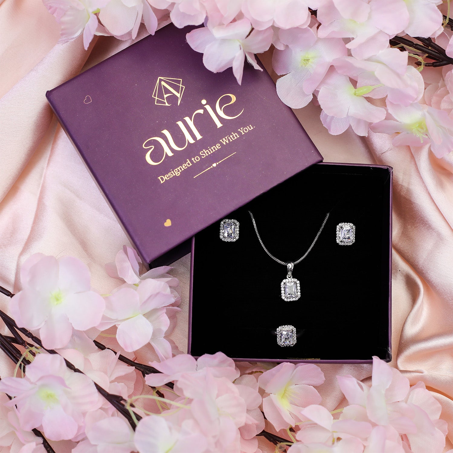 Square AD Stone Pendant Necklace, Earrings & Ring Jewellery Set for Women