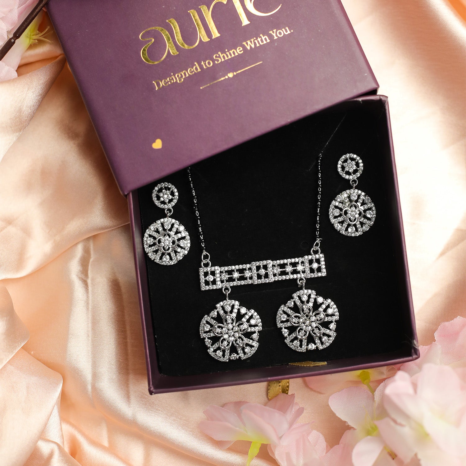 Distinctive Double Flower AD Mangalsutra With Earrings