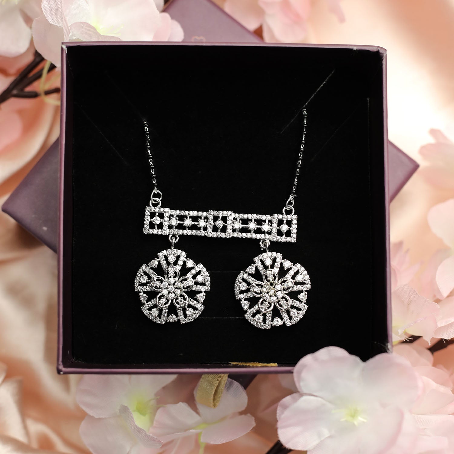 Distinctive Double Flower AD Mangalsutra With Earrings