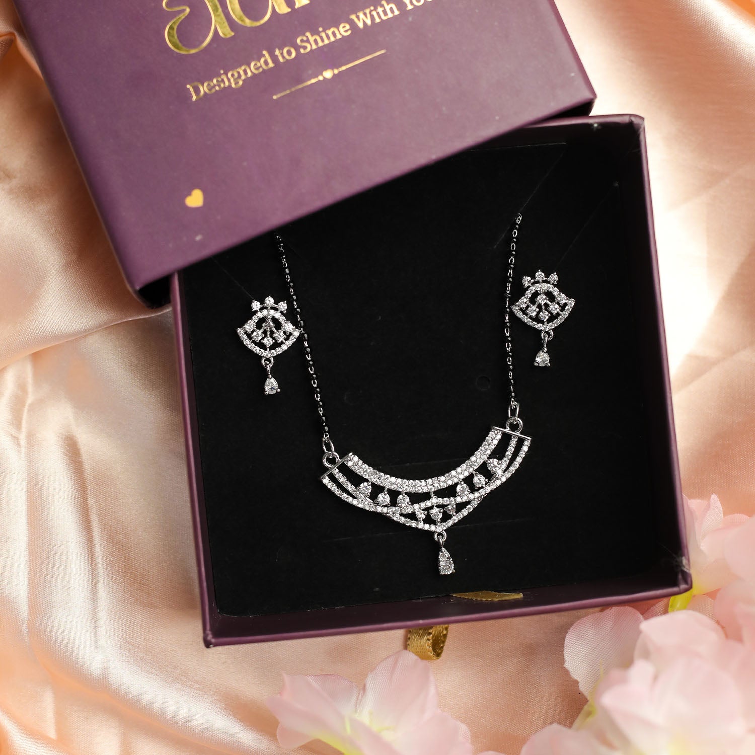 Intricate Crescent AD Mangalsutra with Earrings