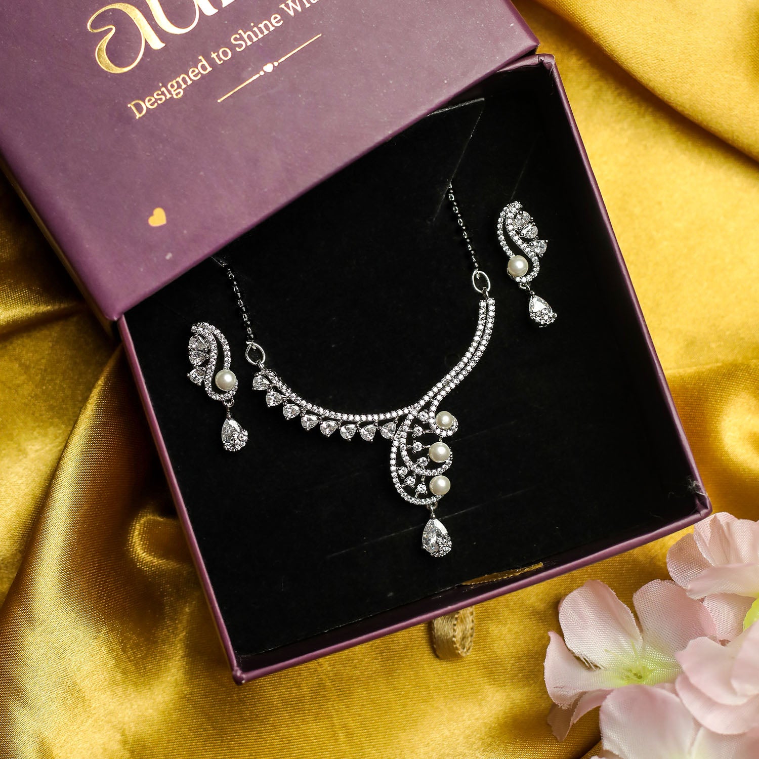 AURIE Leaf Wave American Diamond Mangalsutrawith Earrings