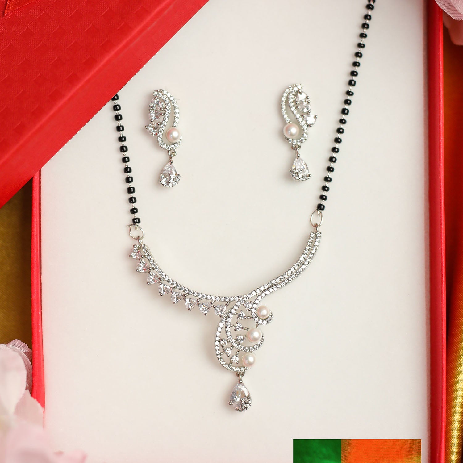 AURIE Leaf Wave American Diamond Mangalsutrawith Earrings