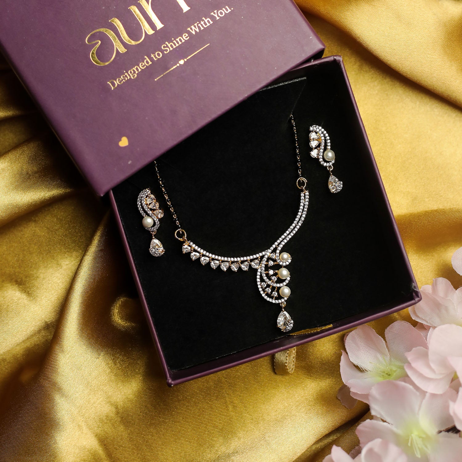 AURIE Leaf Wave American Diamond Mangalsutrawith Earrings