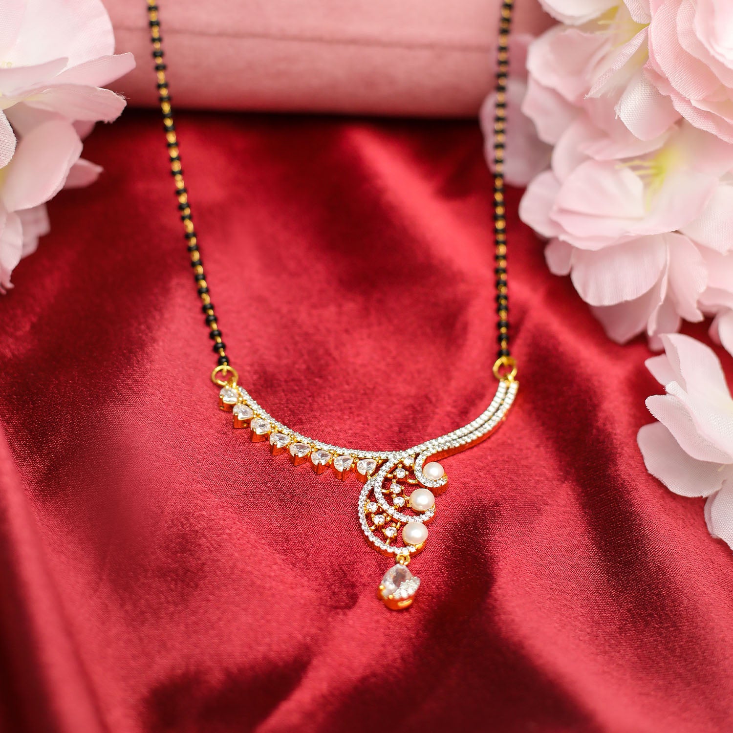 AURIE Leaf Wave American Diamond Mangalsutrawith Earrings