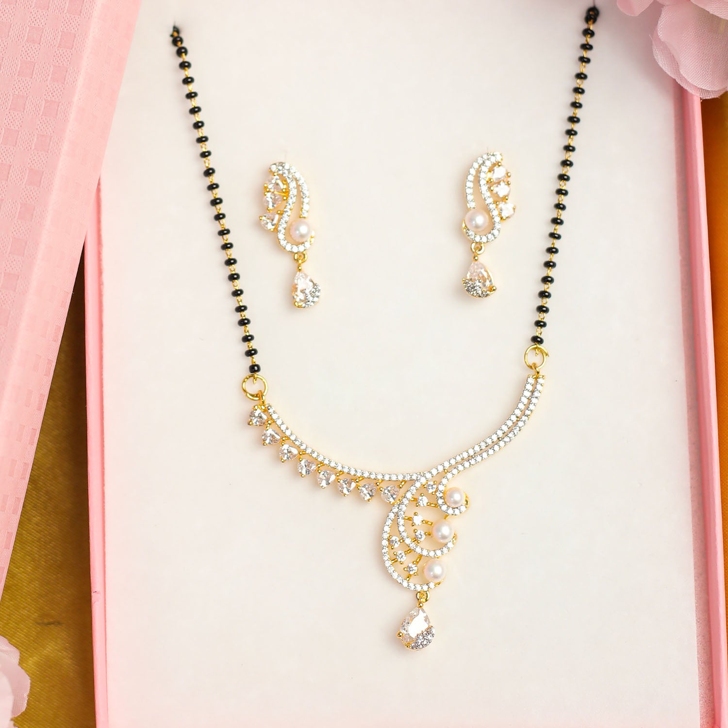AURIE Leaf Wave American Diamond Mangalsutrawith Earrings