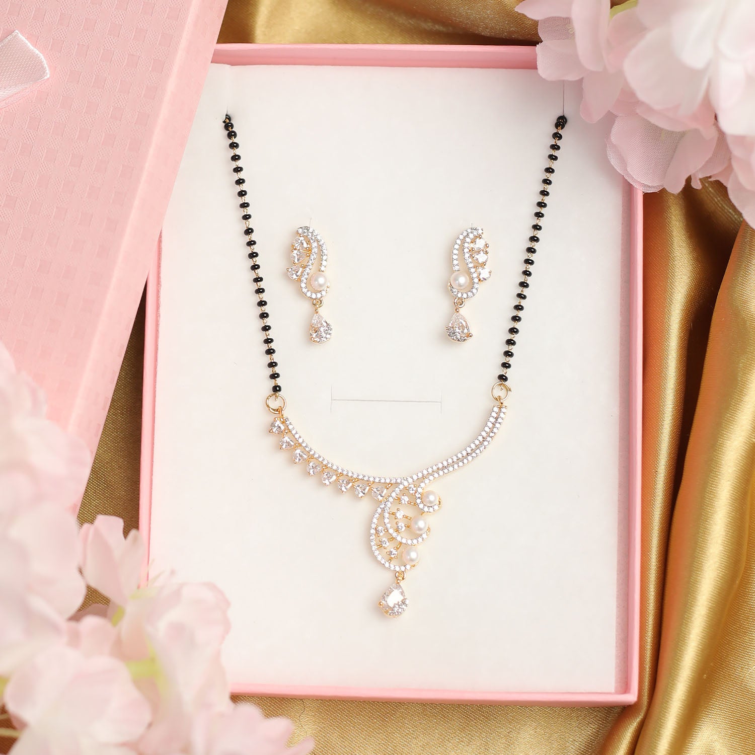 AURIE Leaf Wave American Diamond Mangalsutrawith Earrings