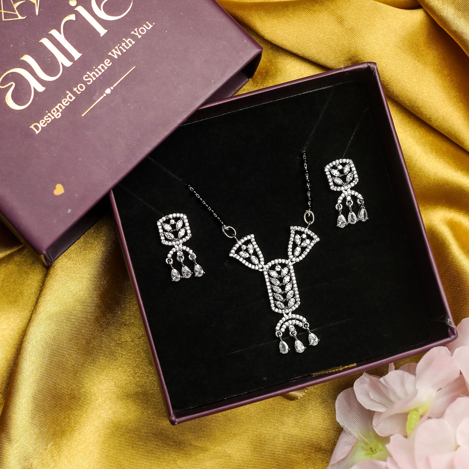 AURIE Arch Wave American Diamond Mangalsutra with Earrings