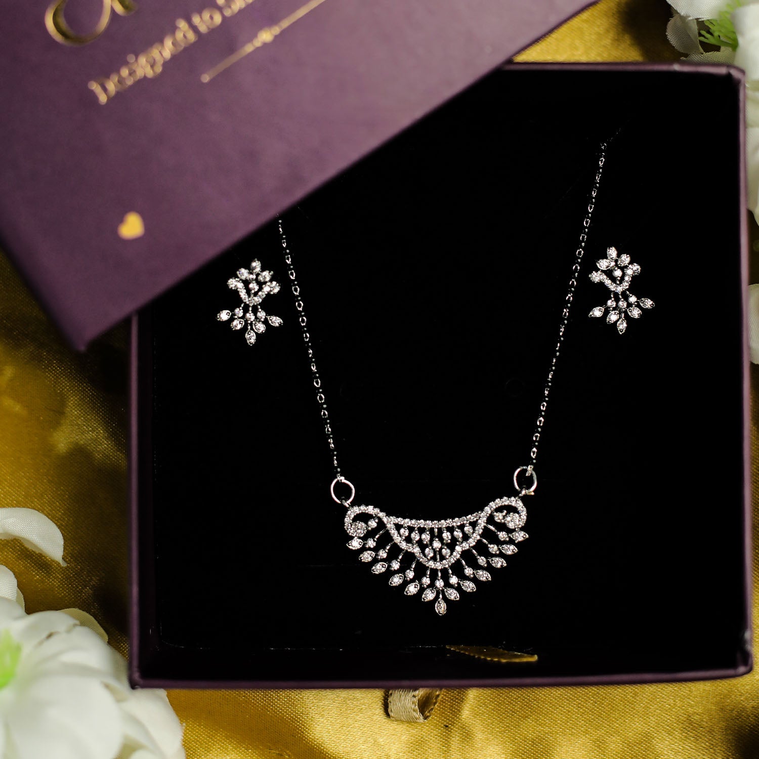 AURIE Bloom Strand American Diamond Mangalsutra with Earrings