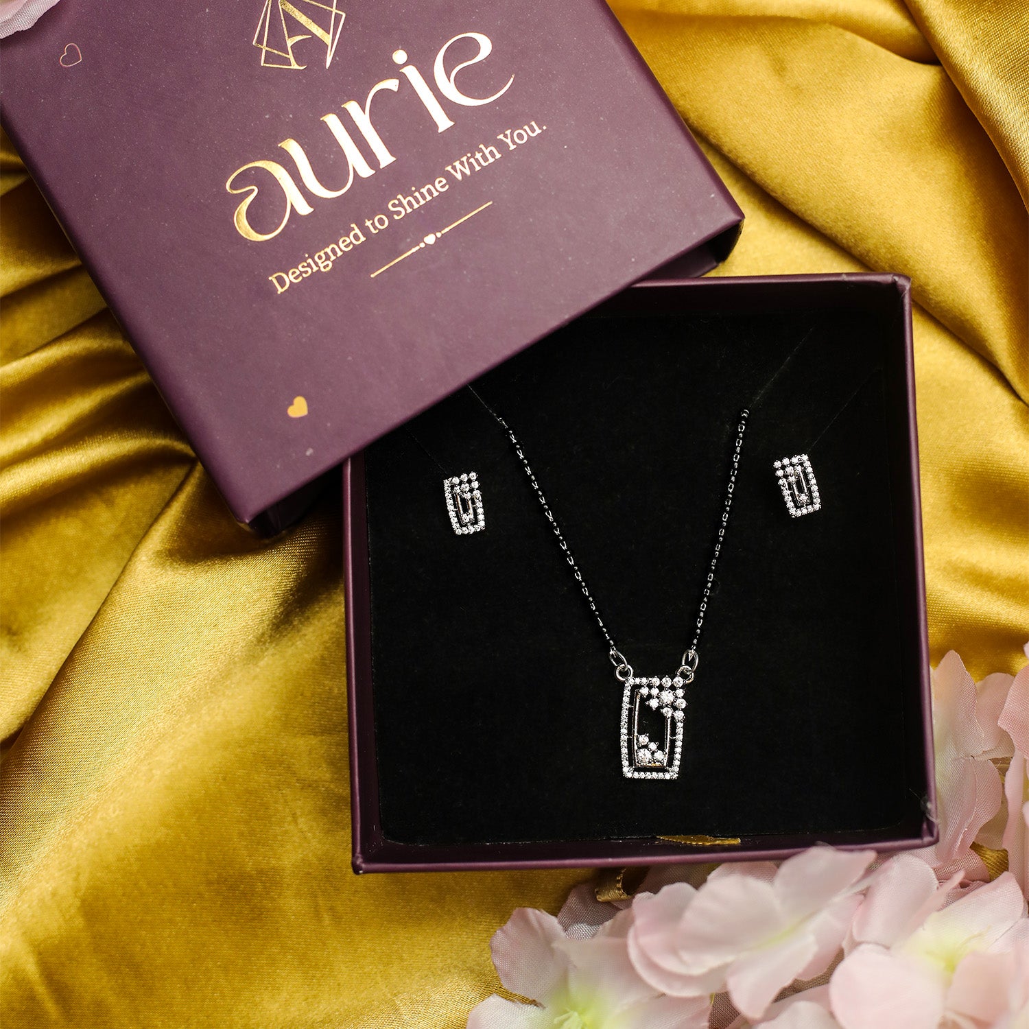 AURIE Rectangular American Diamond Mangalsutra with Earrings