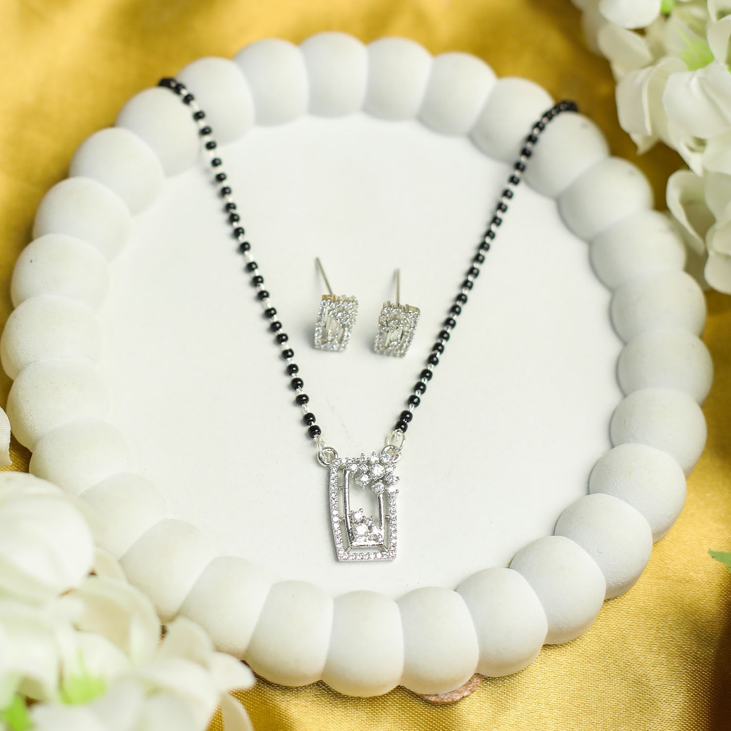 AURIE Rectangular American Diamond Mangalsutra with Earrings