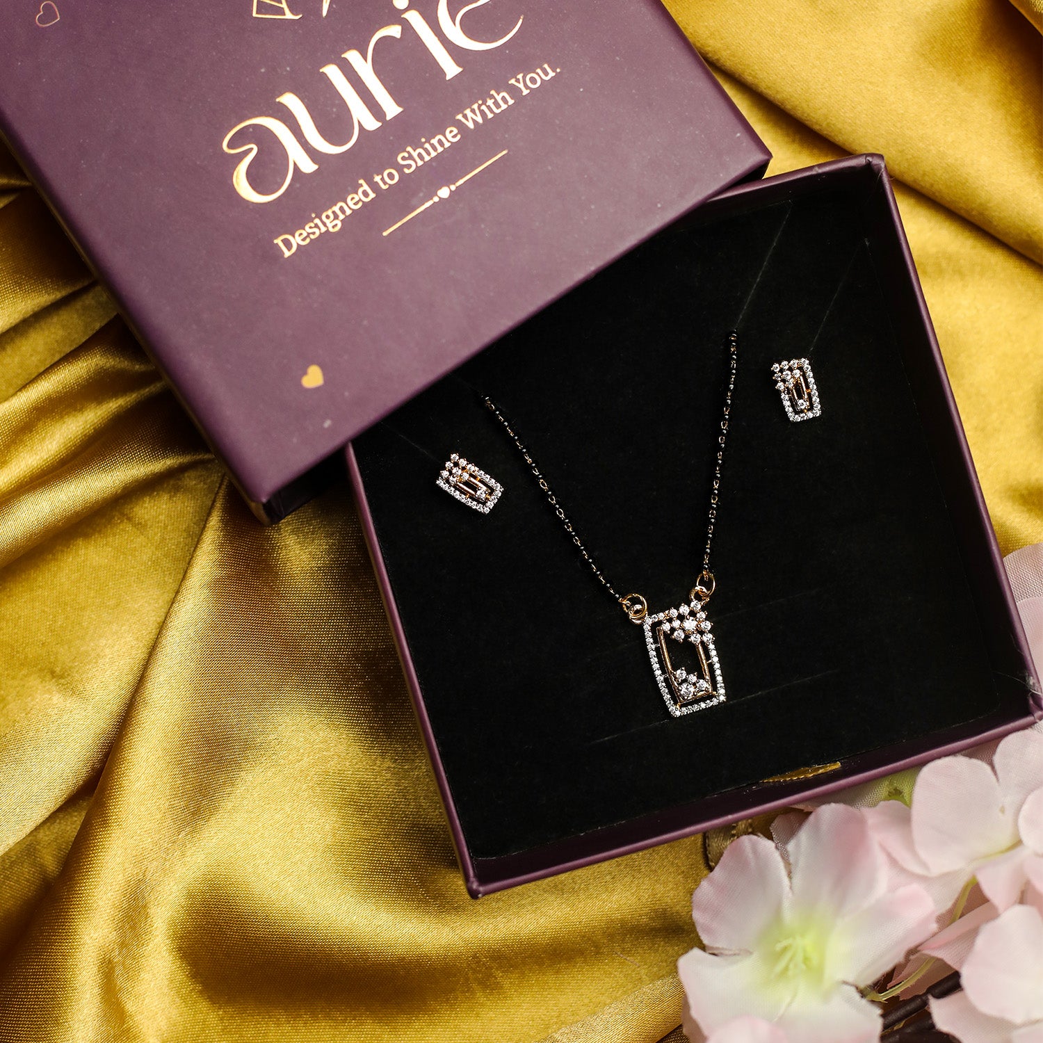 AURIE Rectangular American Diamond Mangalsutra with Earrings