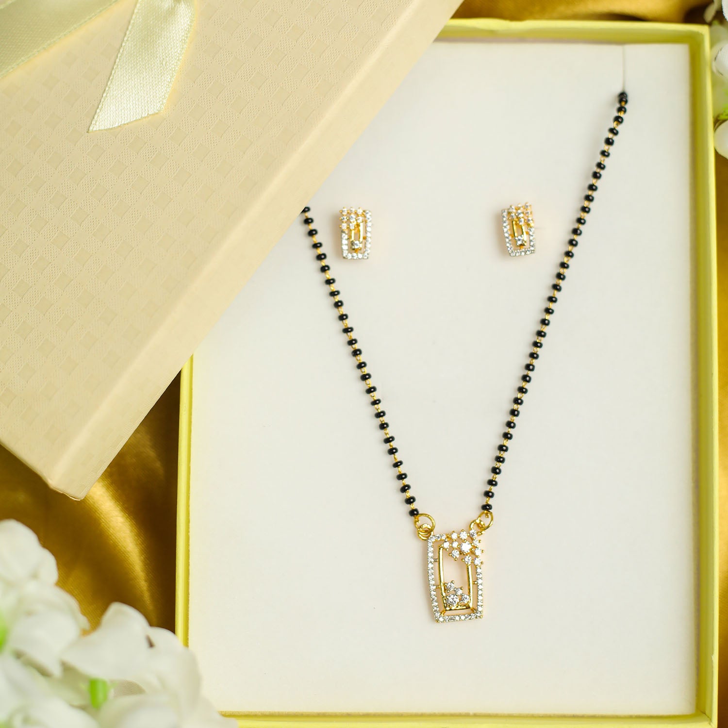 AURIE Rectangular American Diamond Mangalsutra with Earrings