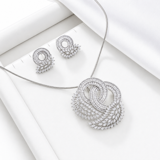 Sparkling CZ Studded Bird Feather Design Necklace Set for Girls & Women's
