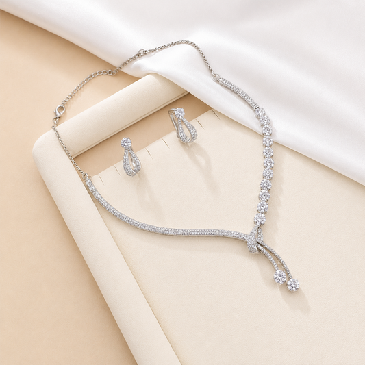 Queen's Floral Y-Shaped Rhodium Finish Necklace Set for Girls & Women's