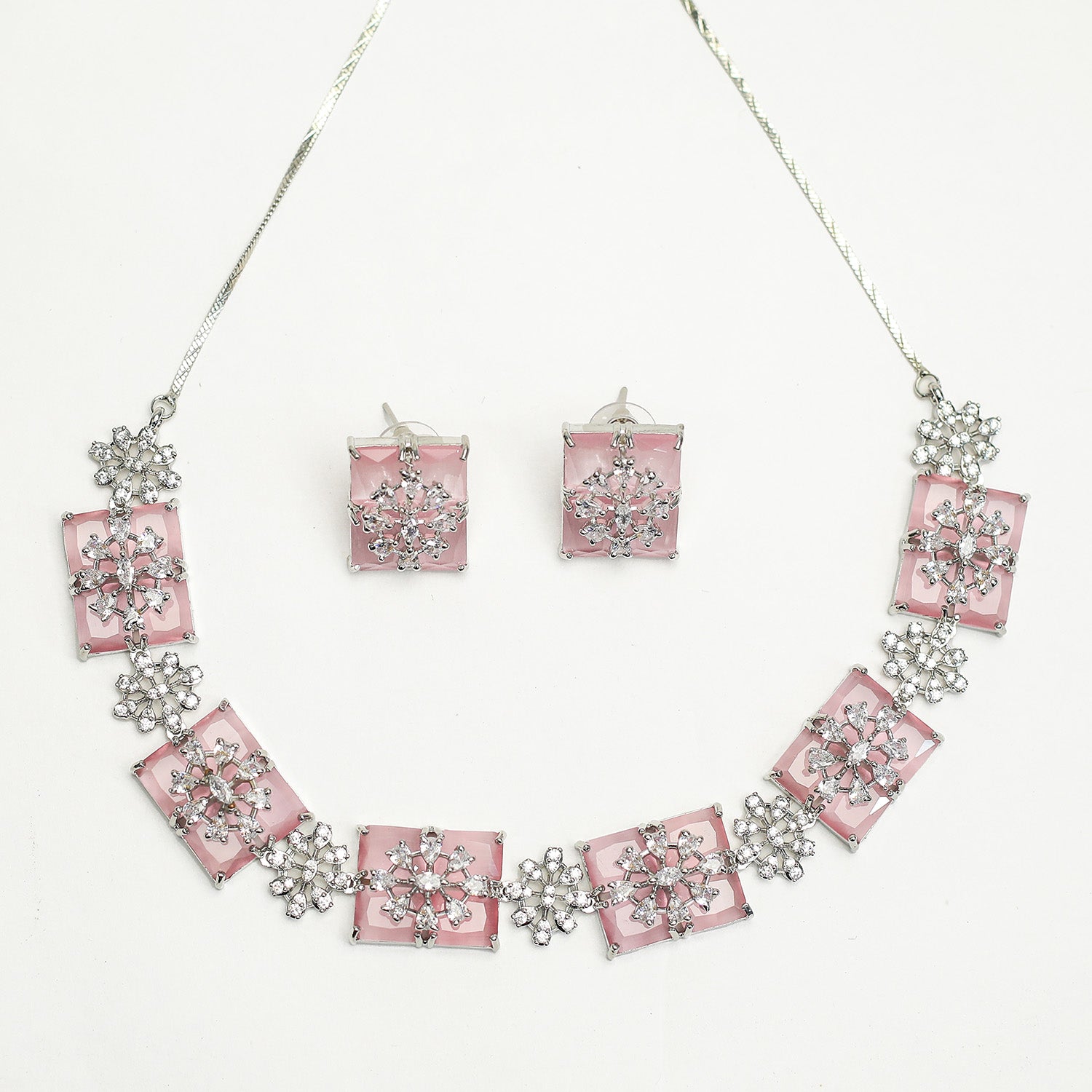 Sparkling Rectangular Crystal Clusters AD Stone Necklace Set