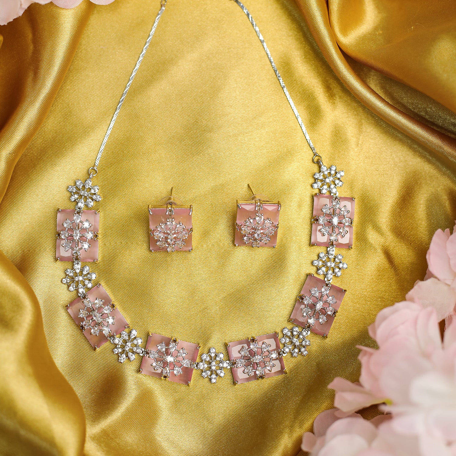 Sparkling Rectangular Crystal Clusters AD Stone Necklace Set
