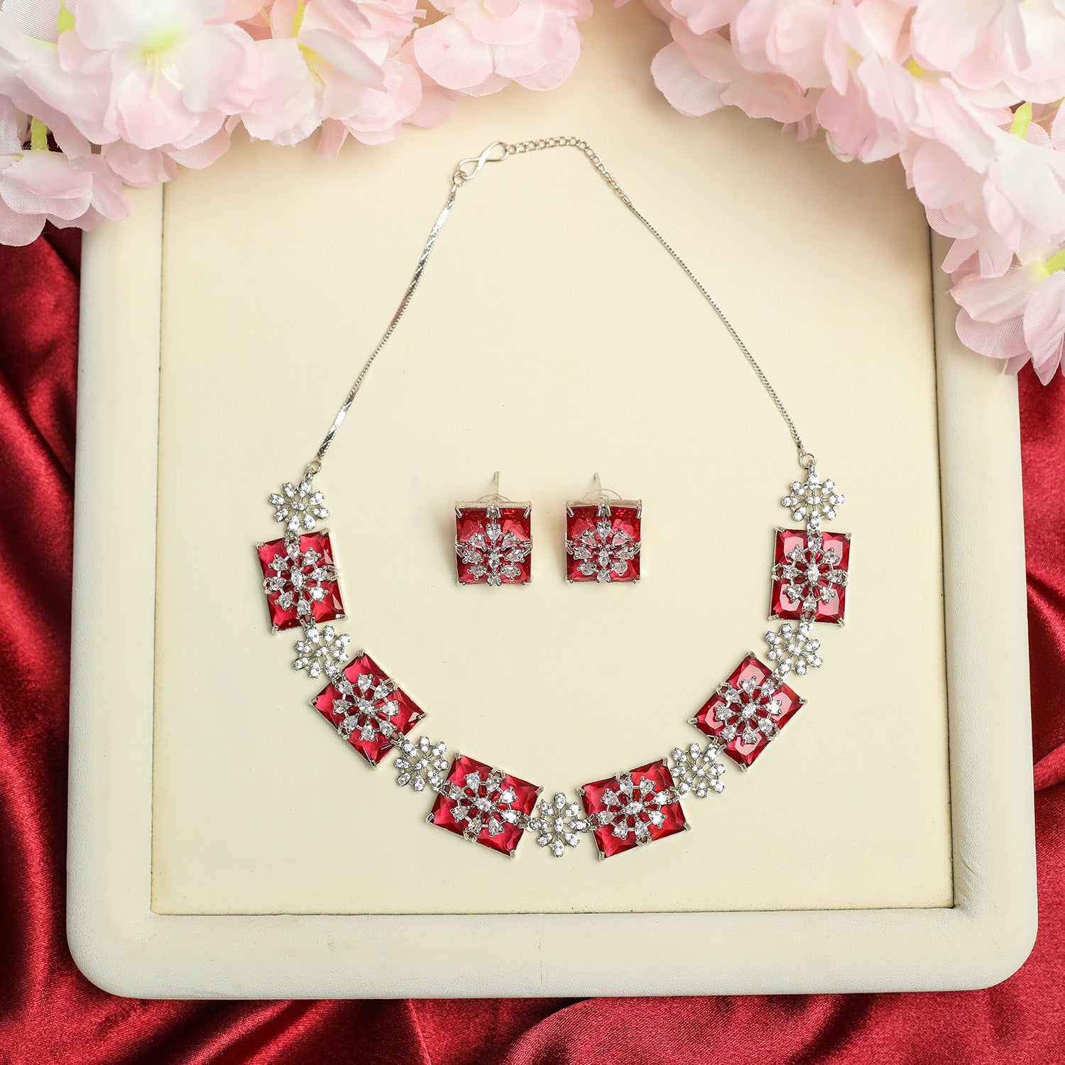 Sparkling Rectangular Crystal Clusters AD Stone Necklace Set