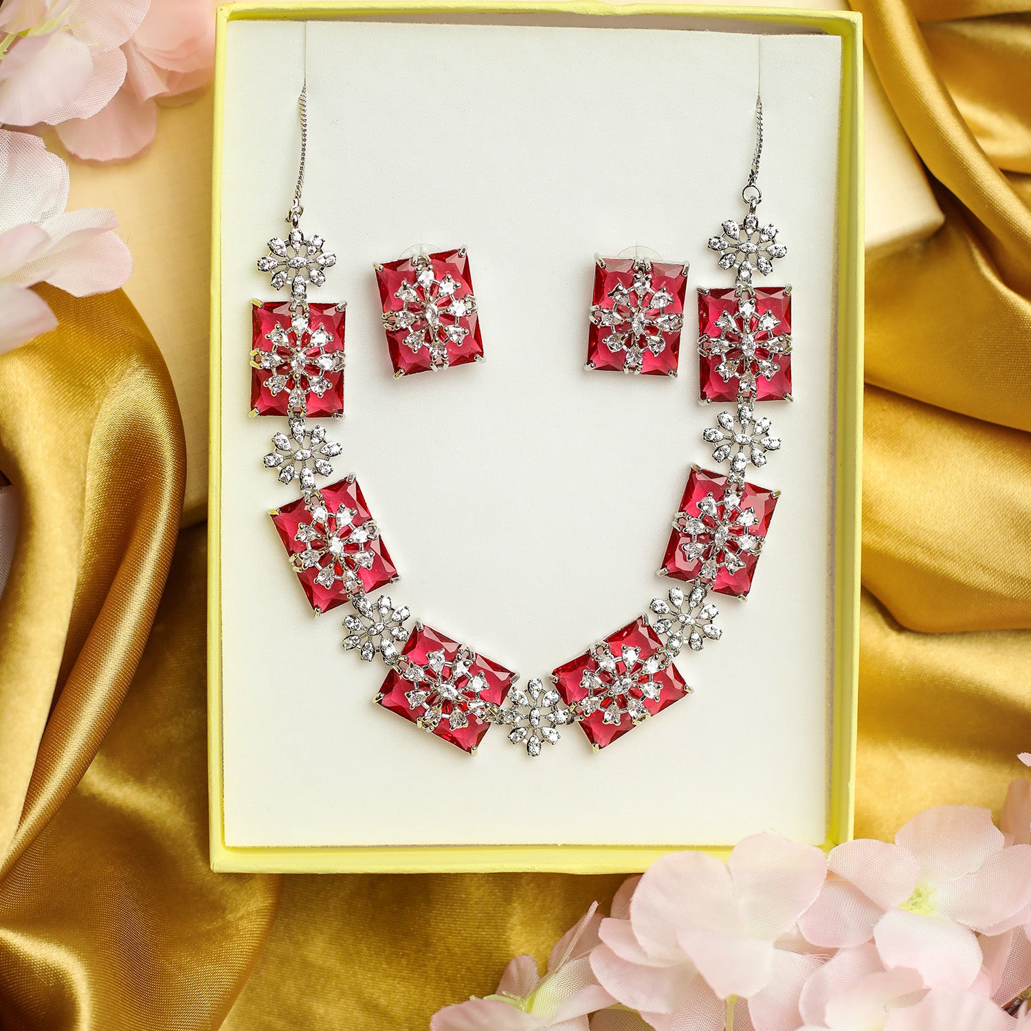 Sparkling Rectangular Crystal Clusters AD Stone Necklace Set