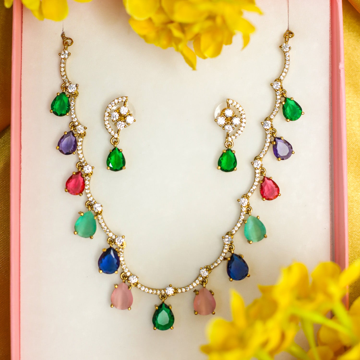Multicolor Teardrop Stone Necklace Set for Girls & Women's