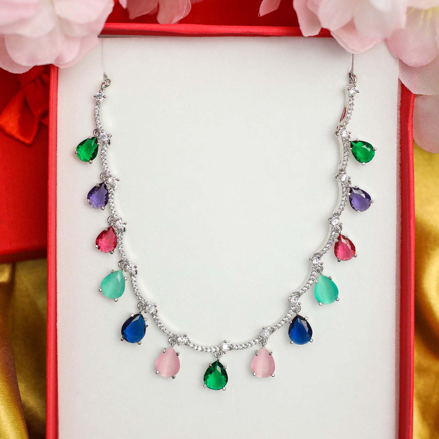 Multicolor Teardrop Stone Necklace Set for Girls & Women's