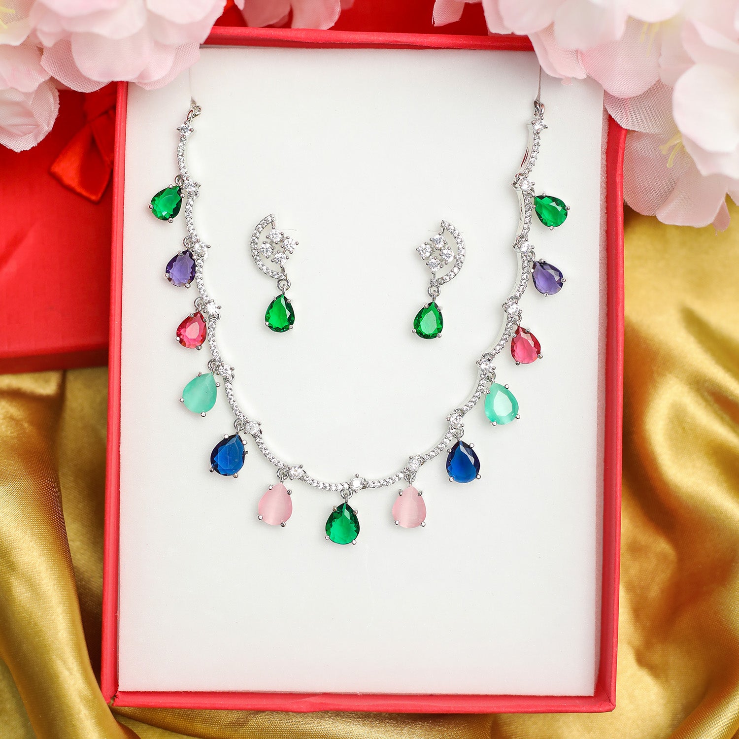 Multicolor Teardrop Stone Necklace Set for Girls & Women's