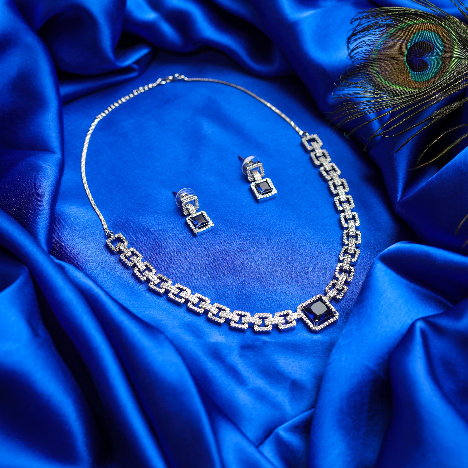 Sapphire-Style Square Stone Necklace Set for Girls & Women's
