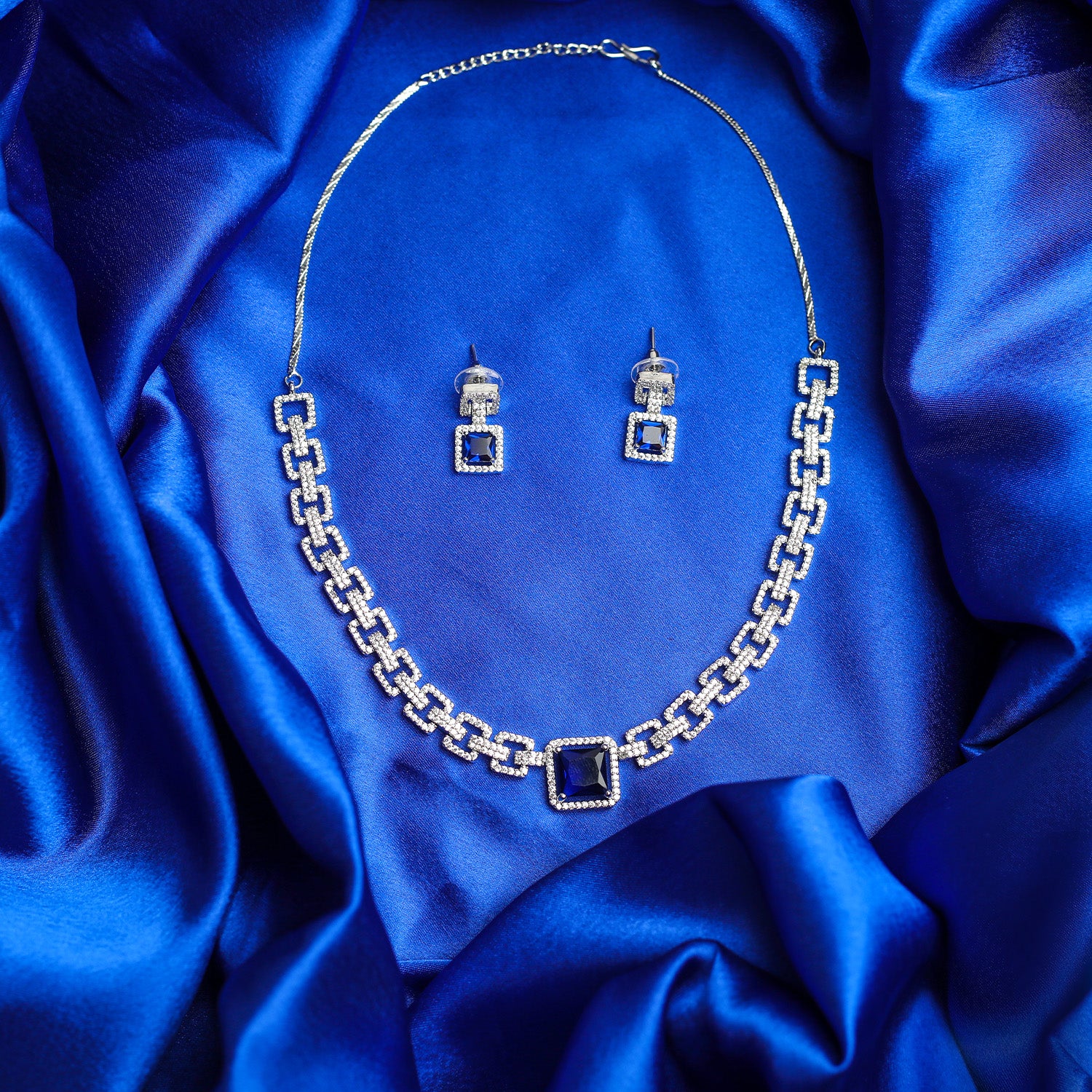 Sapphire-Style Square Stone Necklace Set for Girls & Women's