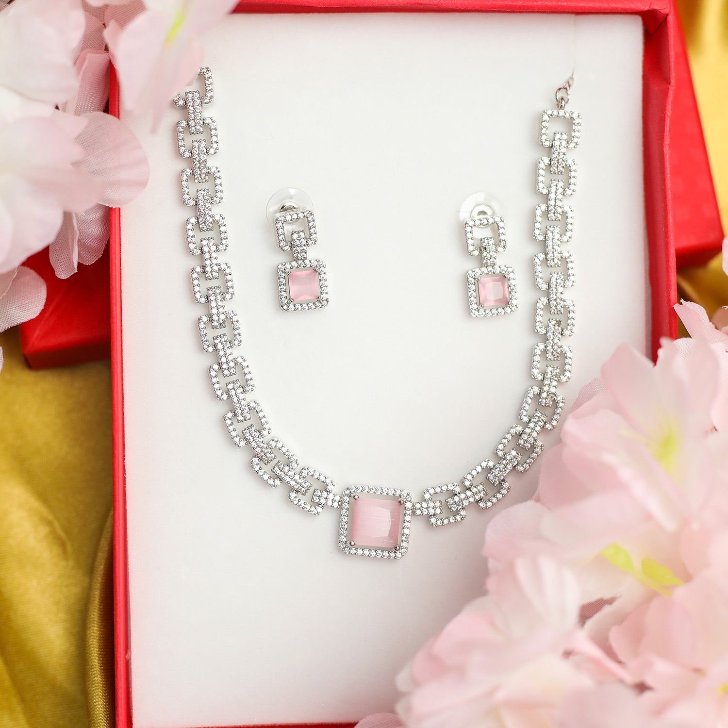 Sapphire-Style Square Stone Necklace Set for Girls & Women's