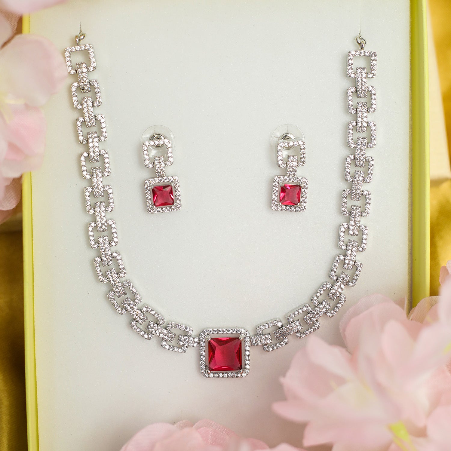 Sapphire-Style Square Stone Necklace Set for Girls & Women's