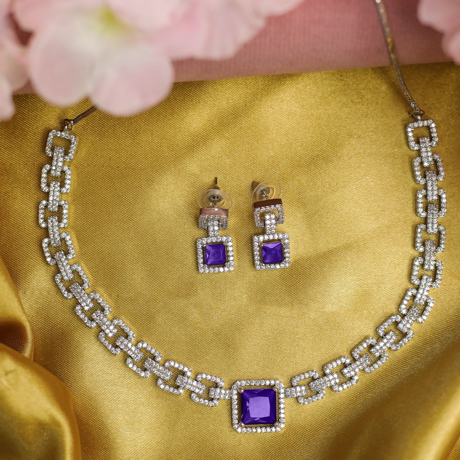 Sapphire-Style Square Stone Necklace Set for Girls & Women's