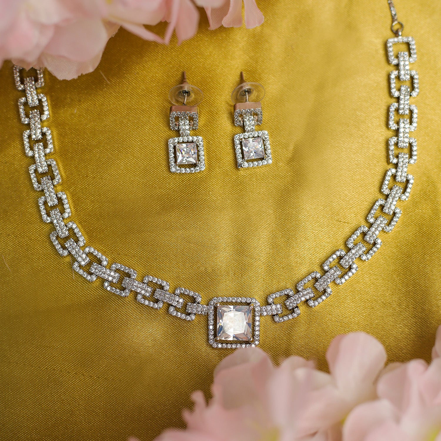 Sapphire-Style Square Stone Necklace Set for Girls & Women's