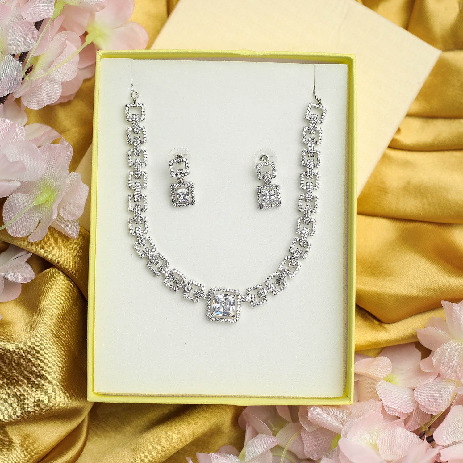 Sapphire-Style Square Stone Necklace Set for Girls & Women's