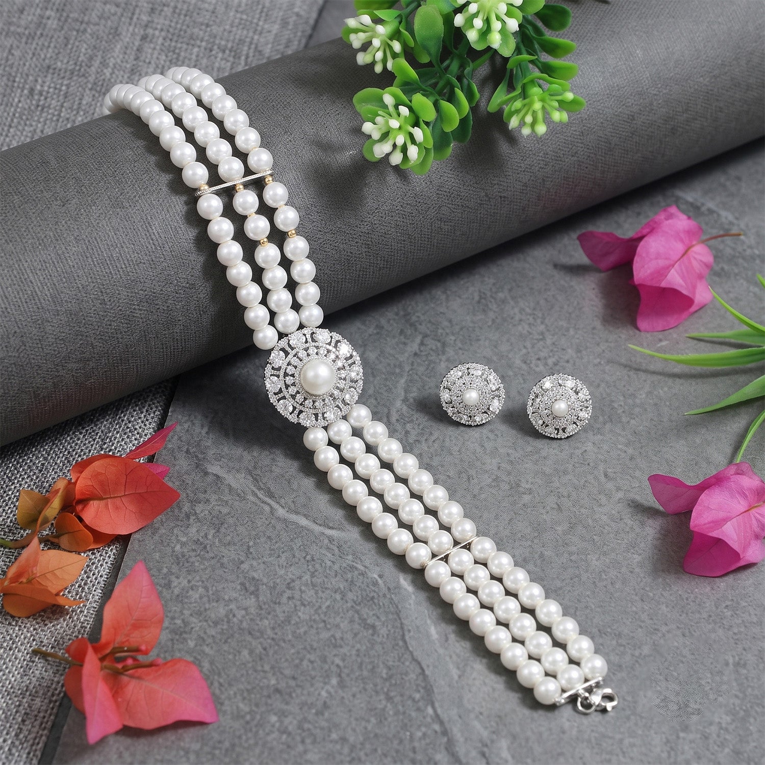 Multi-Strand Pearl Choker Necklace Set for Girls & Women's