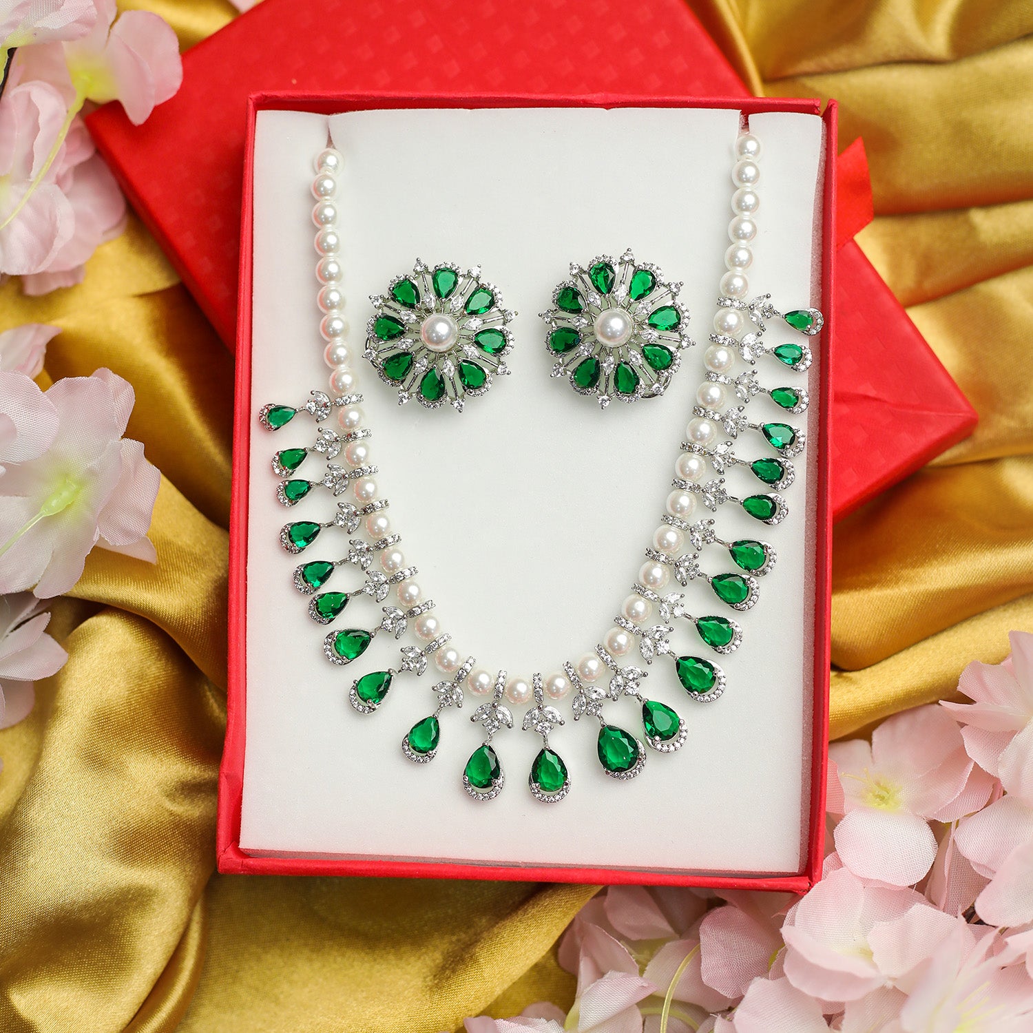 AD Pearl Studded Teardrop Round Pendant for Girls & Women's