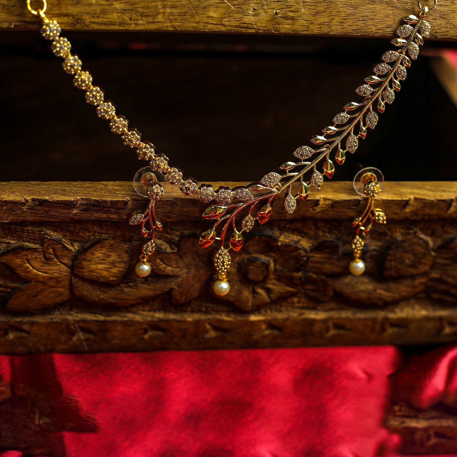 AD Stone Dangling Pearl Accents Necklace Set for Girls