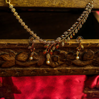 AD Stone Dangling Pearl Accents Necklace Set for Girls
