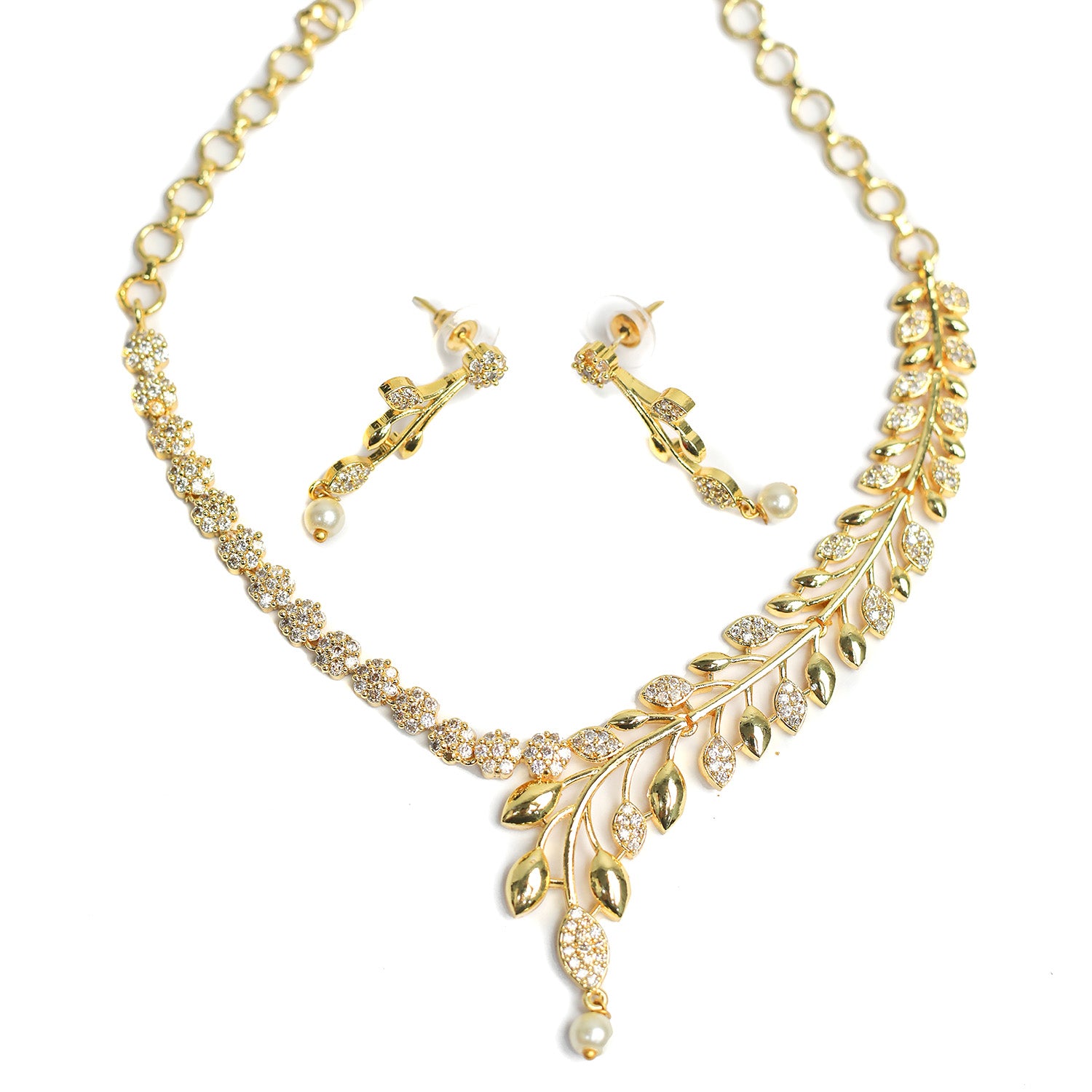 AD Stone Dangling Pearl Accents Necklace Set for Girls