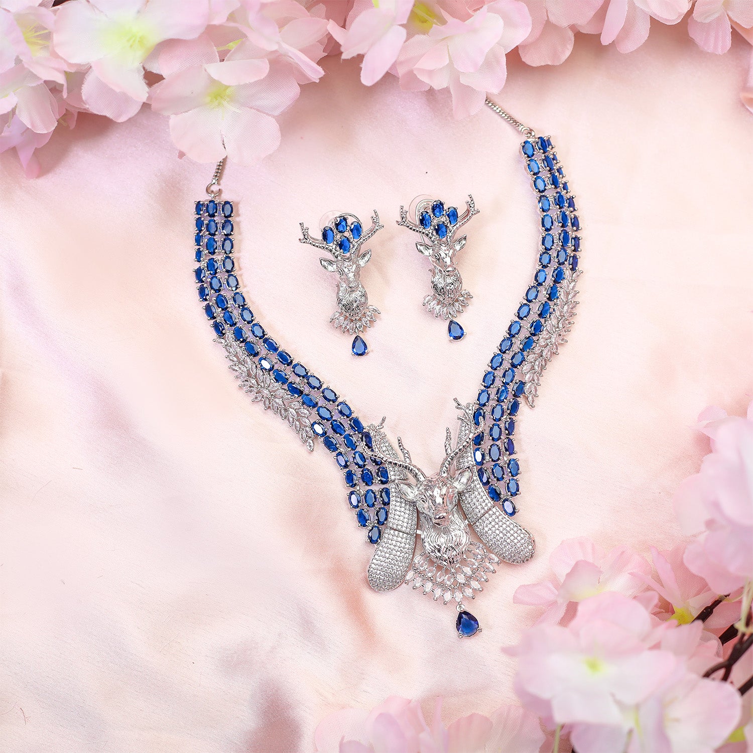 Deer Statement Ad Stone Necklace Set with Matching Earrings