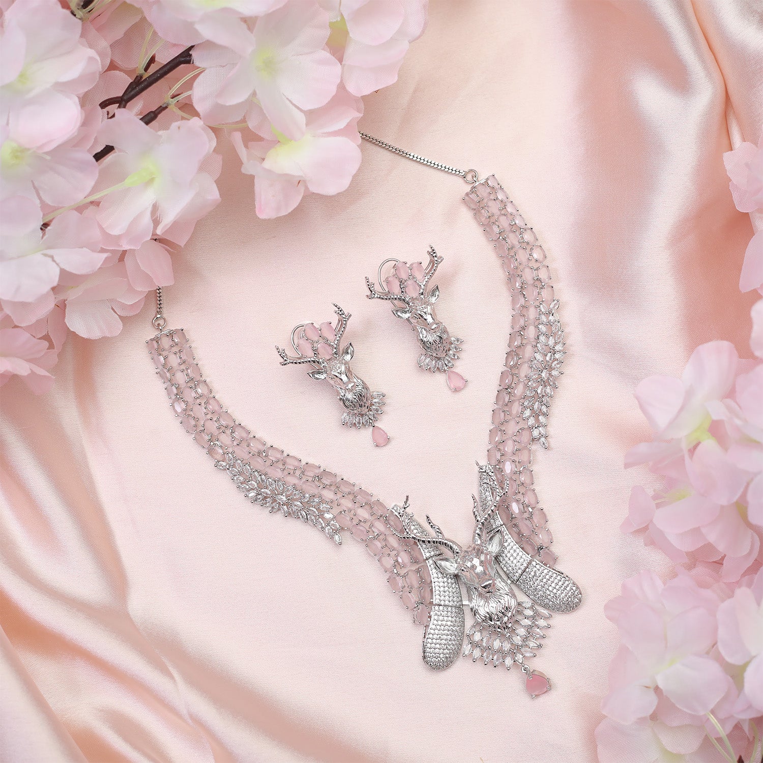 Deer Statement Ad Stone Necklace Set with Matching Earrings