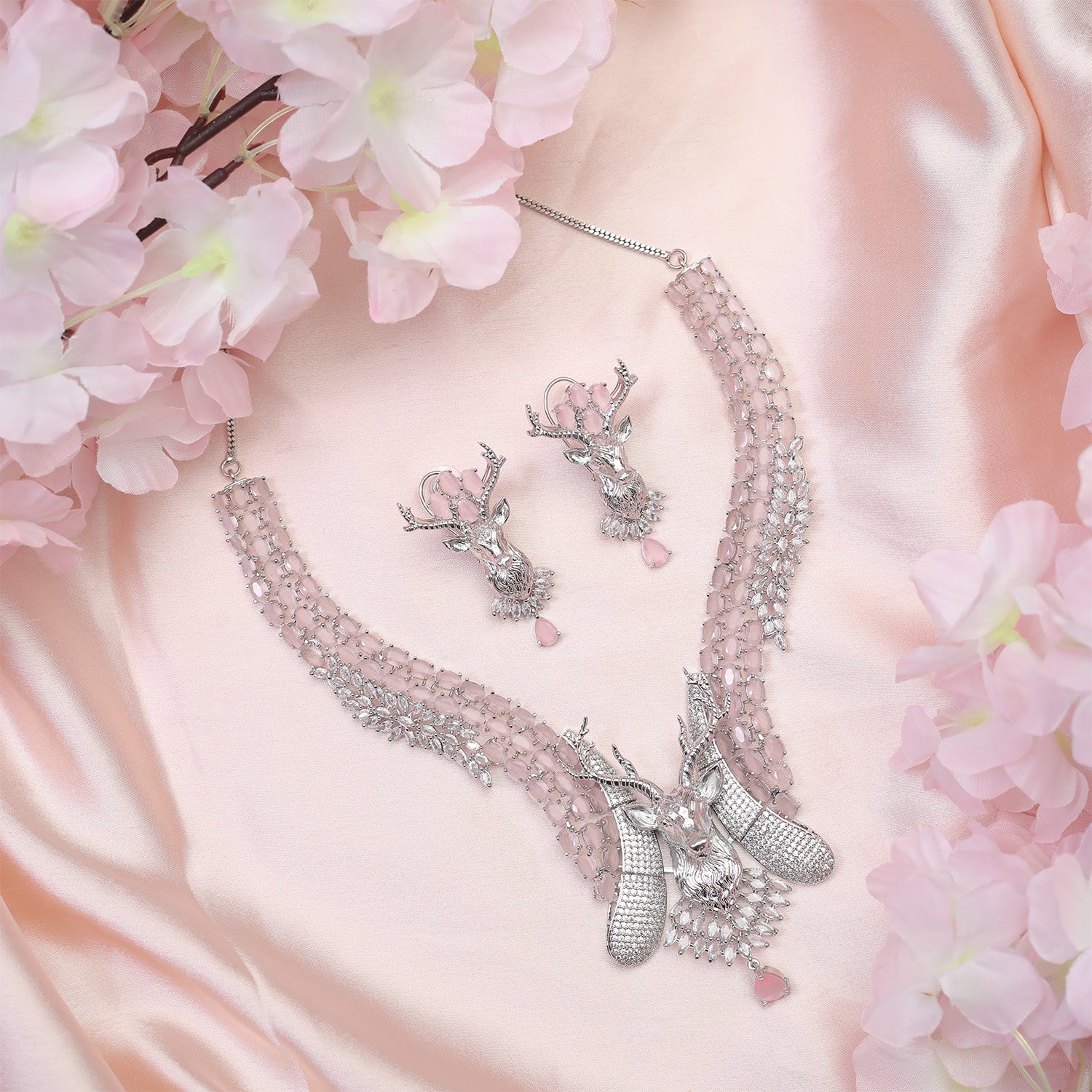Deer Statement Ad Stone Necklace Set with Matching Earrings