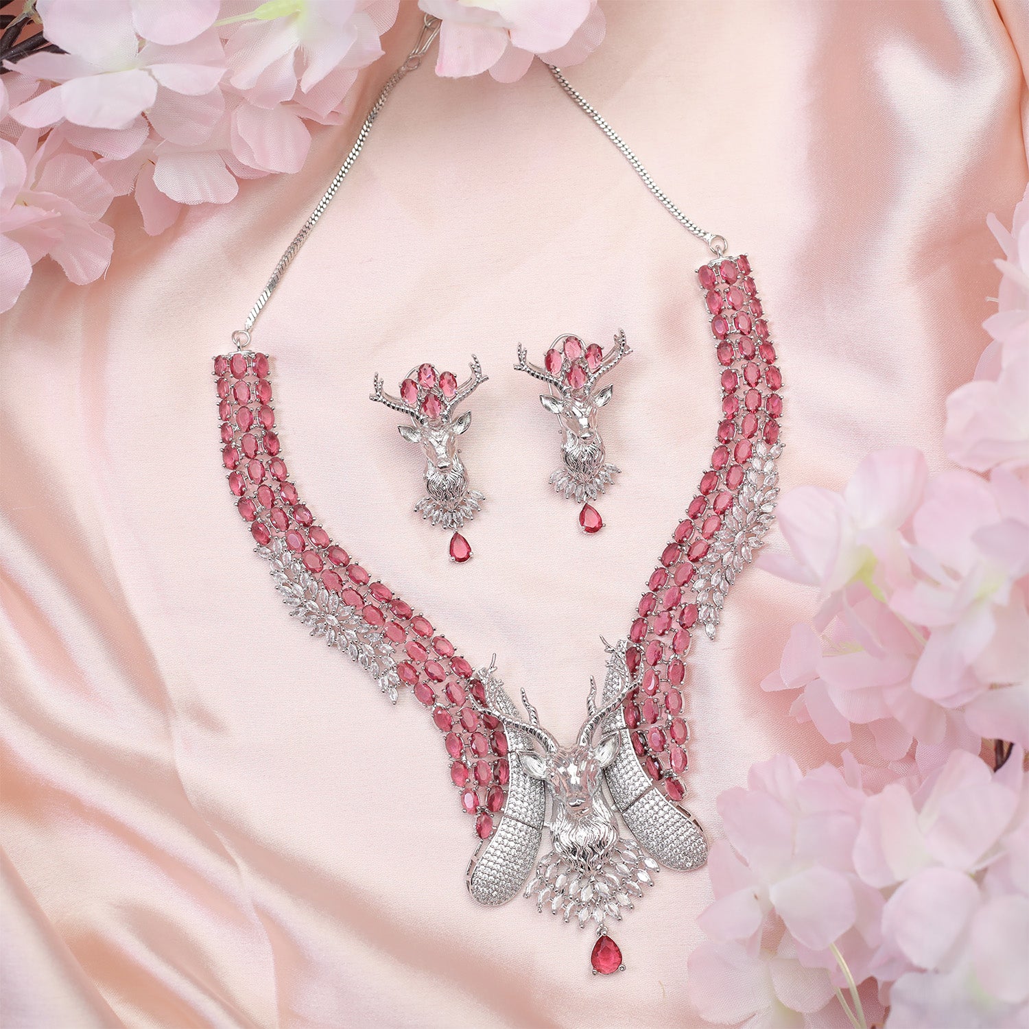 Deer Statement Ad Stone Necklace Set with Matching Earrings