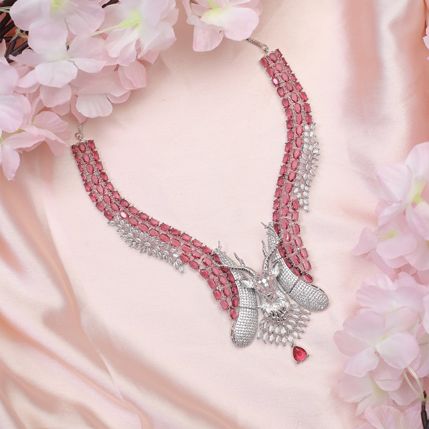 Deer Statement Ad Stone Necklace Set with Matching Earrings