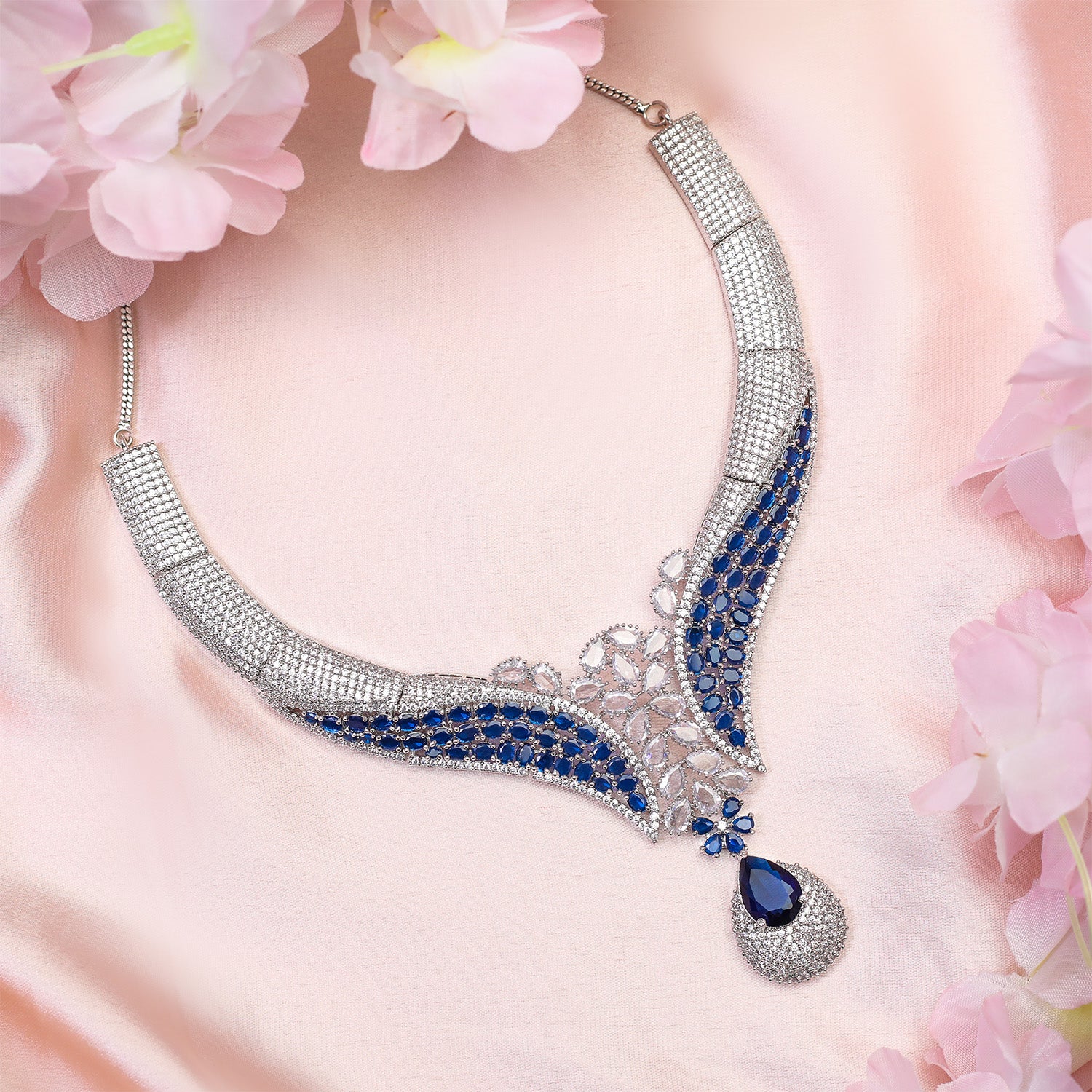Glamour's Floral AD Stone Statement Necklace Set with Earrings